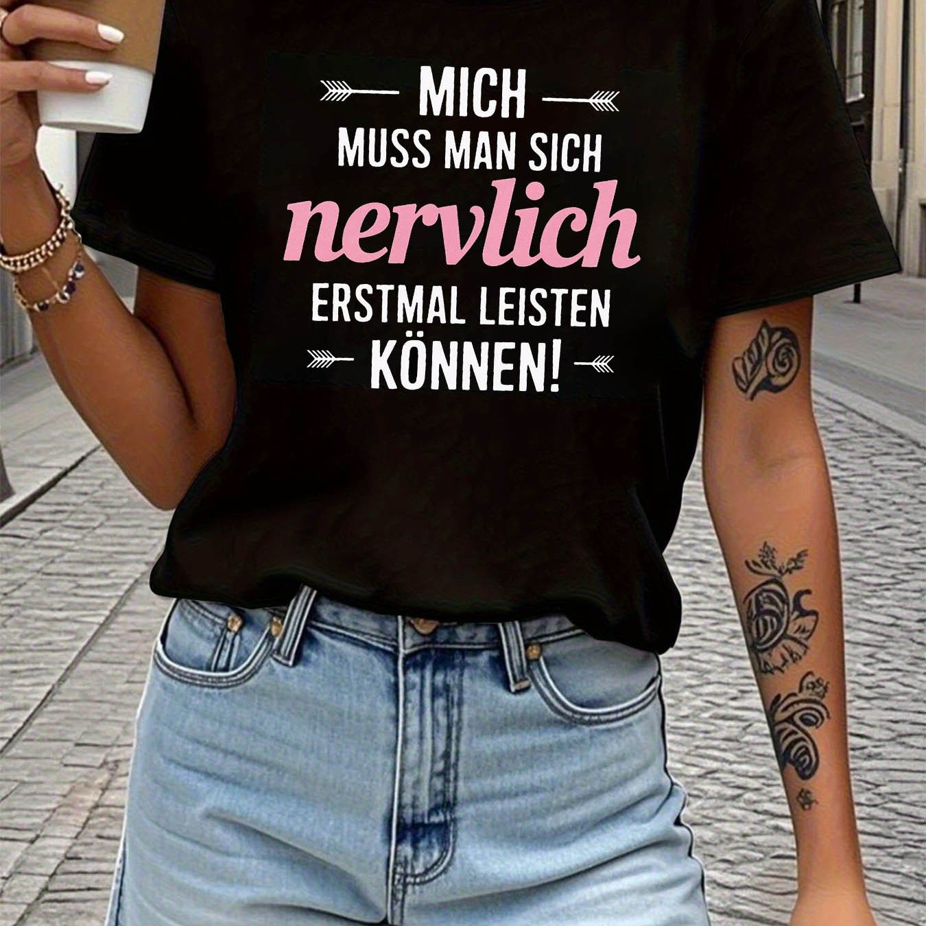 Image of Plus Size - Plus Size - Casual Short-sleeve Crew Neck T-shirt With A German , Perfect For Summer And Spring, Designed For Women