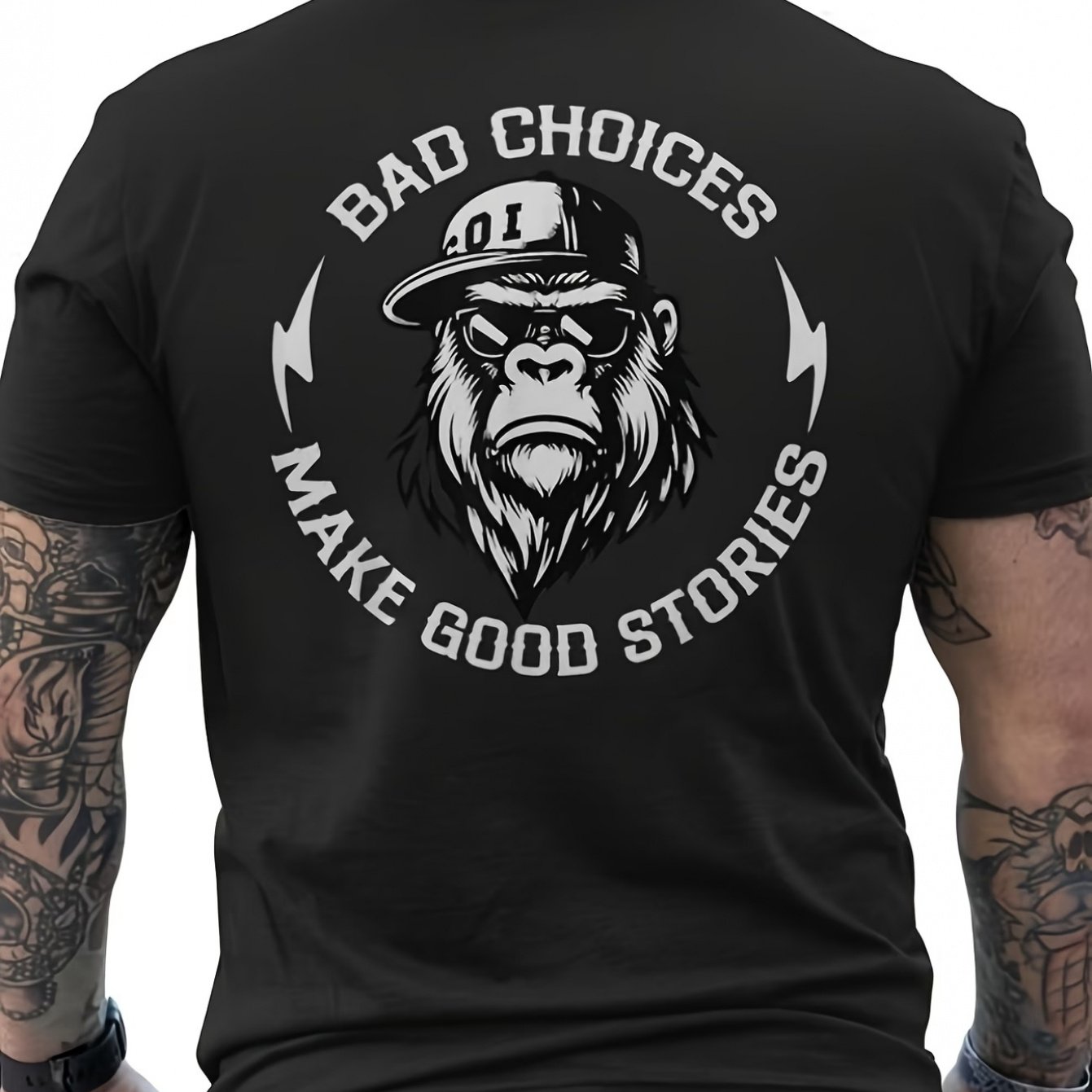 TEMU Men's " Stories" Printed T-shirt | Black Casual Short Sleeve Crew Neck T-shirt With Monkey Graphic, Regular H, Suitable For Casual Wear And