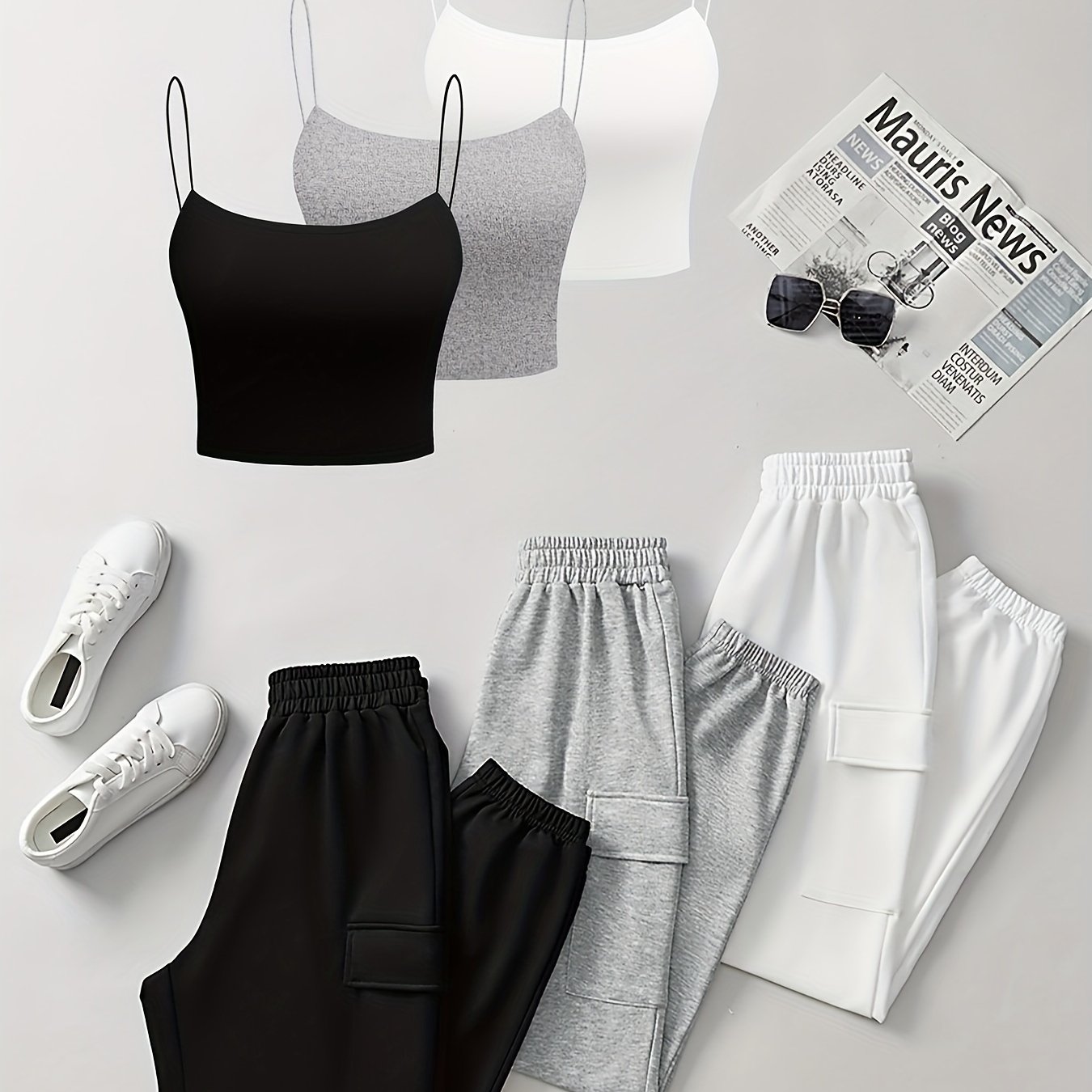 6pcs Women's Casual Short Camisole And Elastic Waist Pants Set For Spring And Summer, Solid Color Everyday Outfit