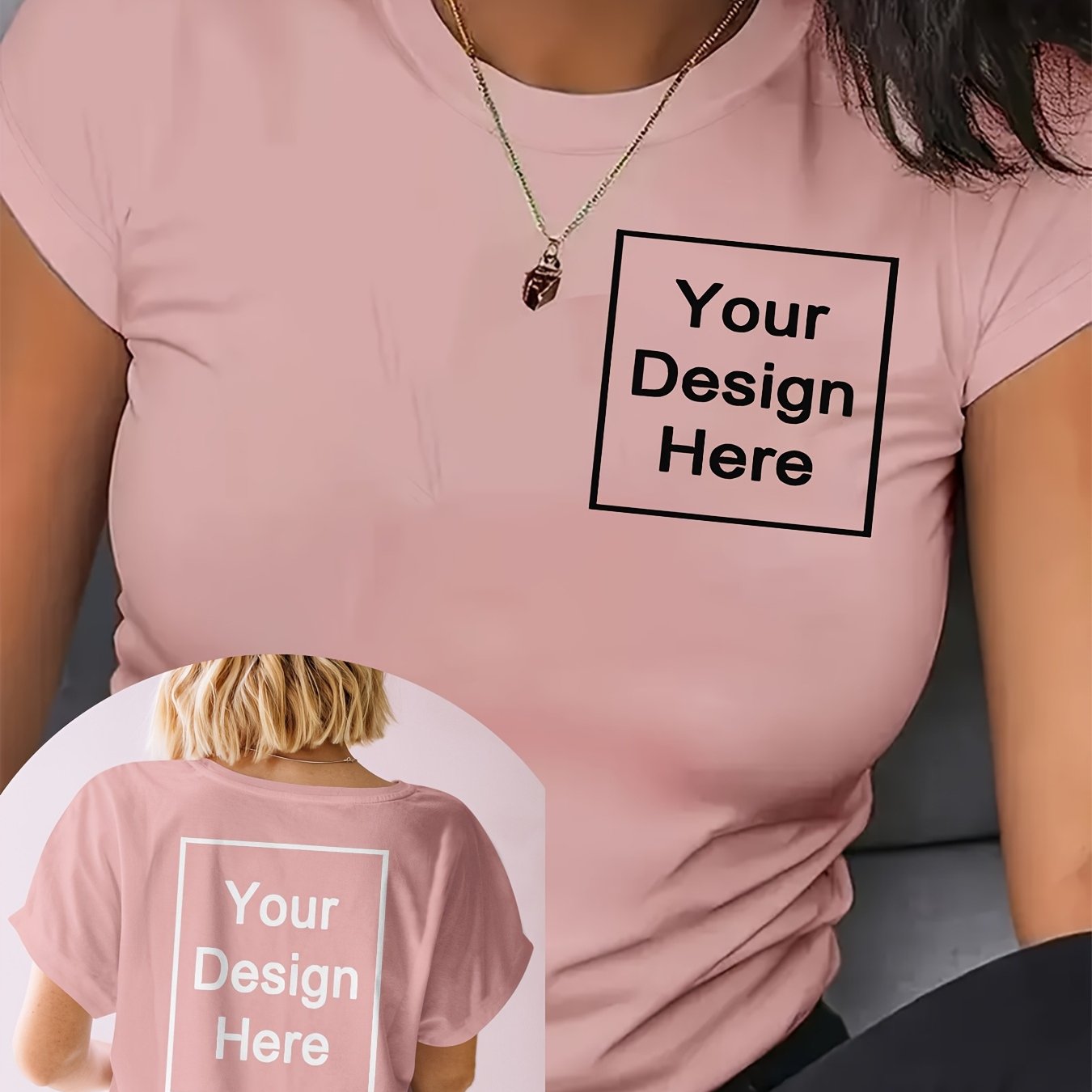 TEMU T-shirt personalizzata da donna - Area per design personalizzato, Tessuto non , Abbigliamento da lavoro a con elasticit� media, Logo della ,