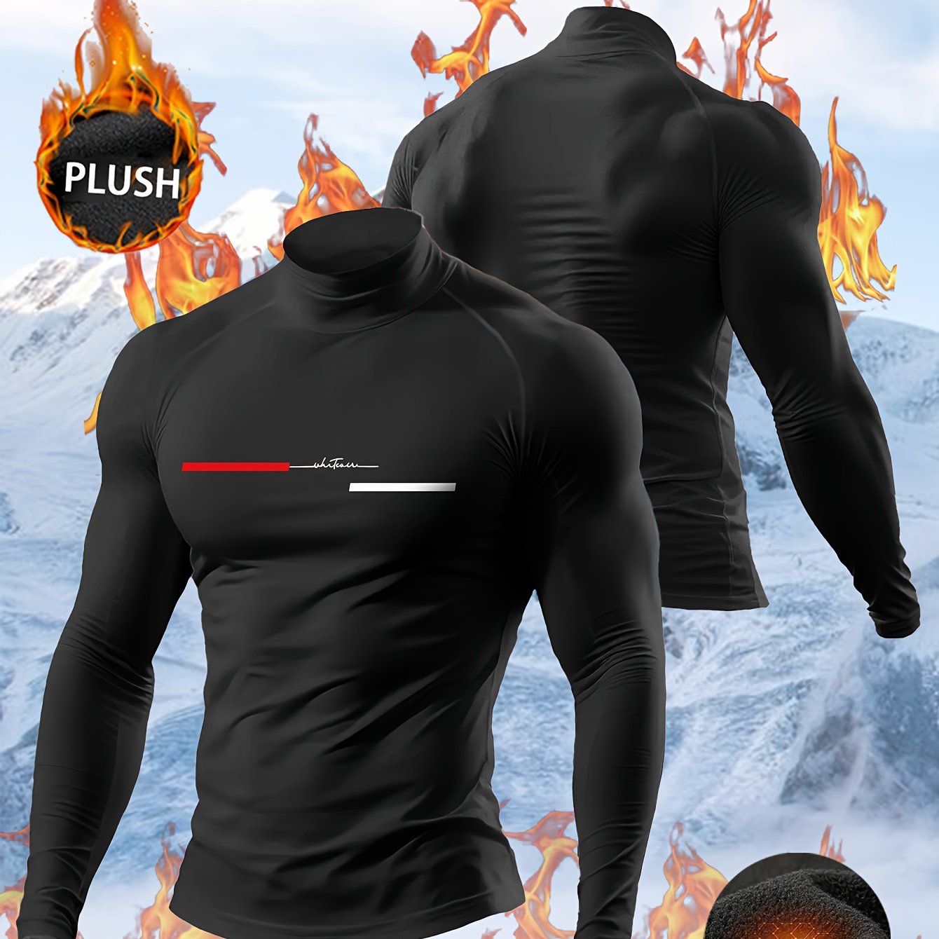 TEMU 1-pack Black Thermal Shirt With Red - Plush Material, 24h For Winter Outdoor Sports