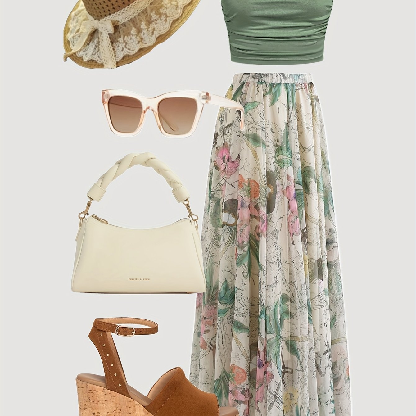 E-shop Damen Freizeit-Strandurlaub-dunkelgrüner Crop Top mit Rüschen-Design, Chiffon-Halbrock mit Blumendruck in sanften , mit lockerer fließender