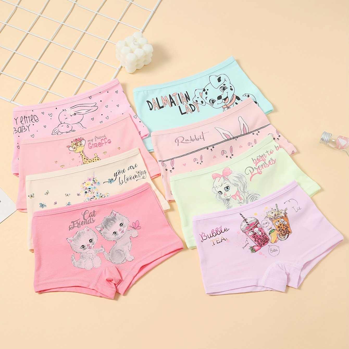 8 Mixed Comfortable, Soft And Cute Cartoon Girls' Flat Corner Underwear
