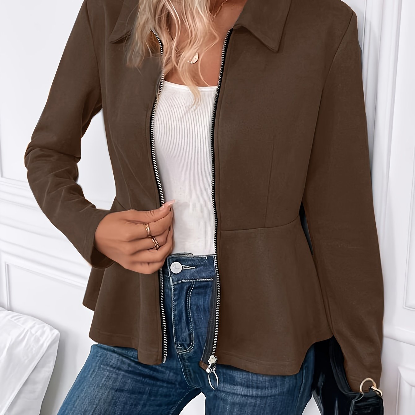 Chaqueta Casual Talla Grande Chaqueta Peplum Cuello Solapa - Temu