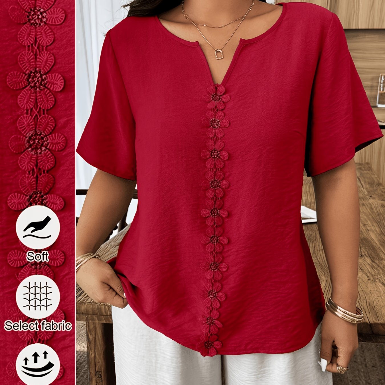 TEMU Plus Size, New Summer Plus Size Women's Short Sleeve Solid Color T-shirt Top With Decorative Lace, Loose Fit Casual Blouse