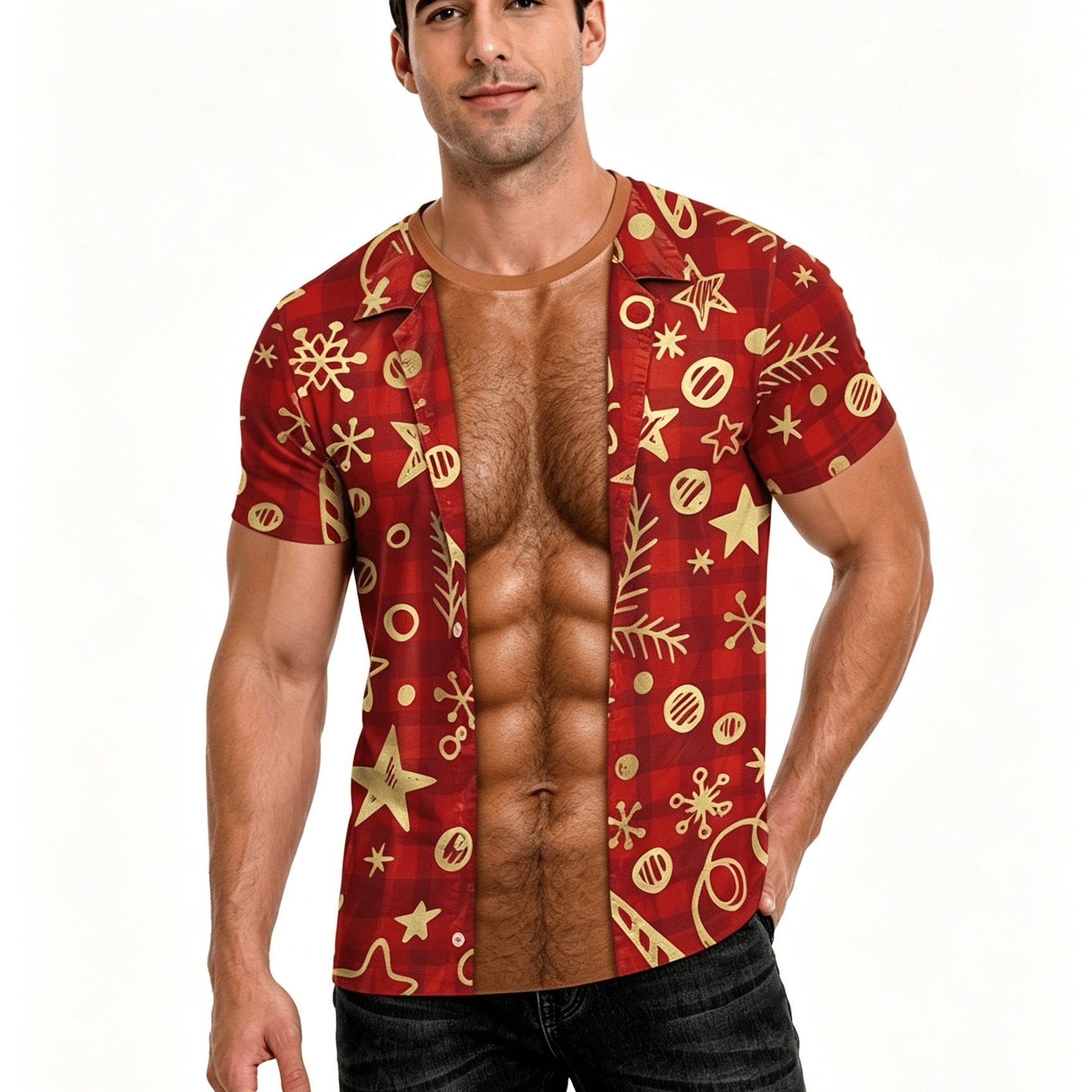 TEMU Standard Size Printed Design - Not Textured/2d Printing, New Christmas Novelty T-shirt Top, Fake Muscle Print T-shirt, 2-in-1 Look Christmas
