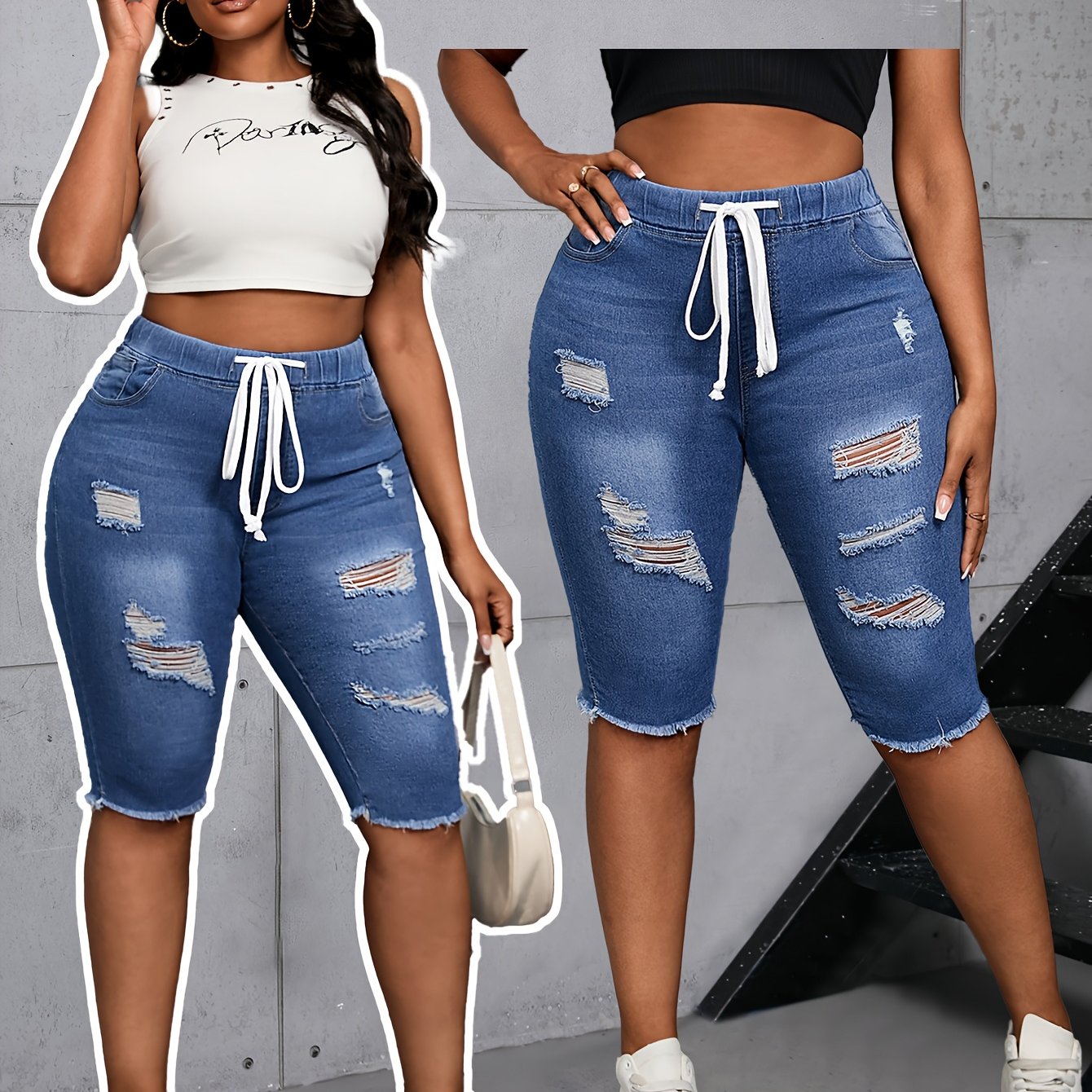 Women's Fashionable Distressed Denim Wide-leg Jeans
