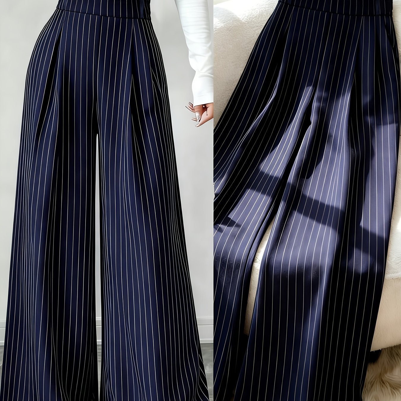 TEMU Women's Navy Blue Striped Wide-leg Pantsuit - Elegant High-waisted Straight-cut Trousers With Beltless Design, Loose Fit Straight Leg Trousers
