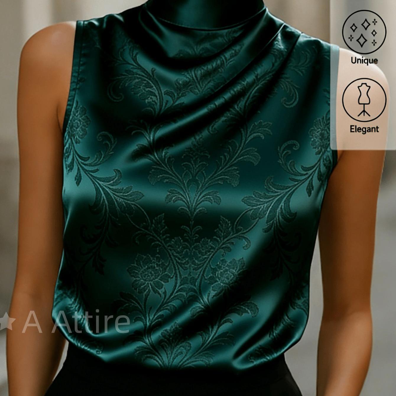 Image of Women's Dark Green Damask Print Satin Vest - Sleeveless Stand Collar Blouseable Top | Suitable For Commuting, Dates & Casual Attire | Elegant Summer Machine Washable Outerwear Gift