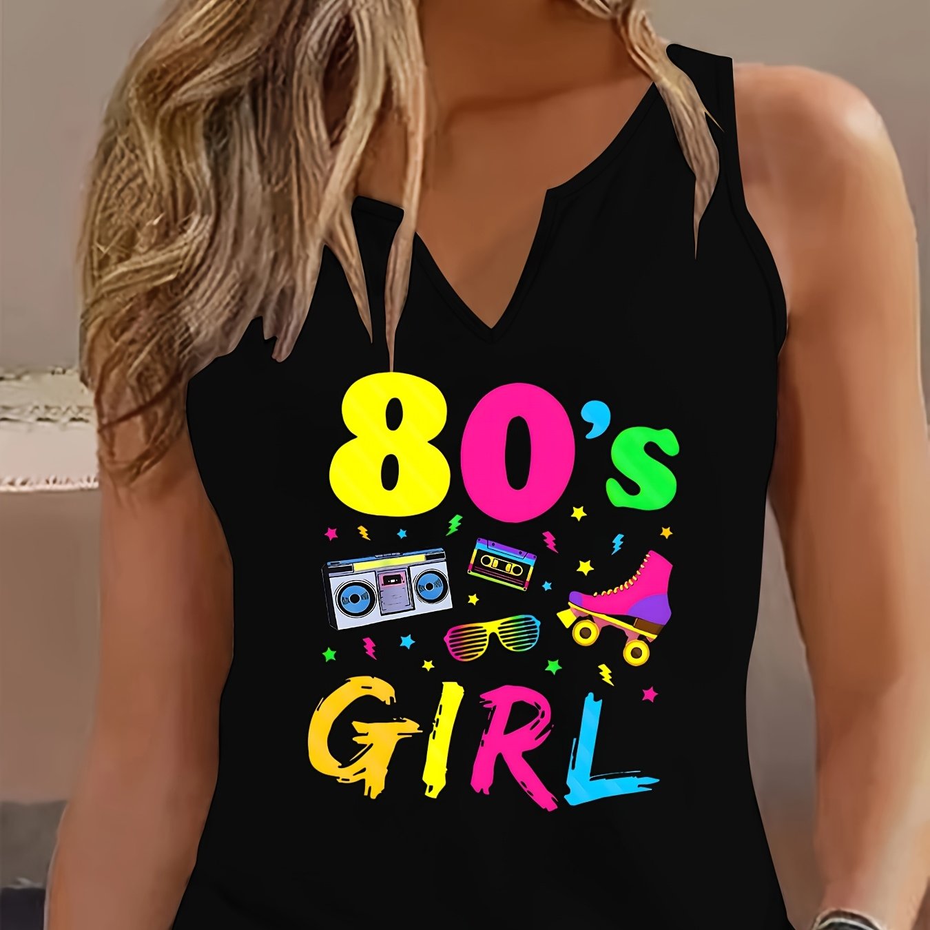 TEMU Letter Print Tank Top, Sleeveless V Neck Casual Top For Summer And Spring, Women's Clothing