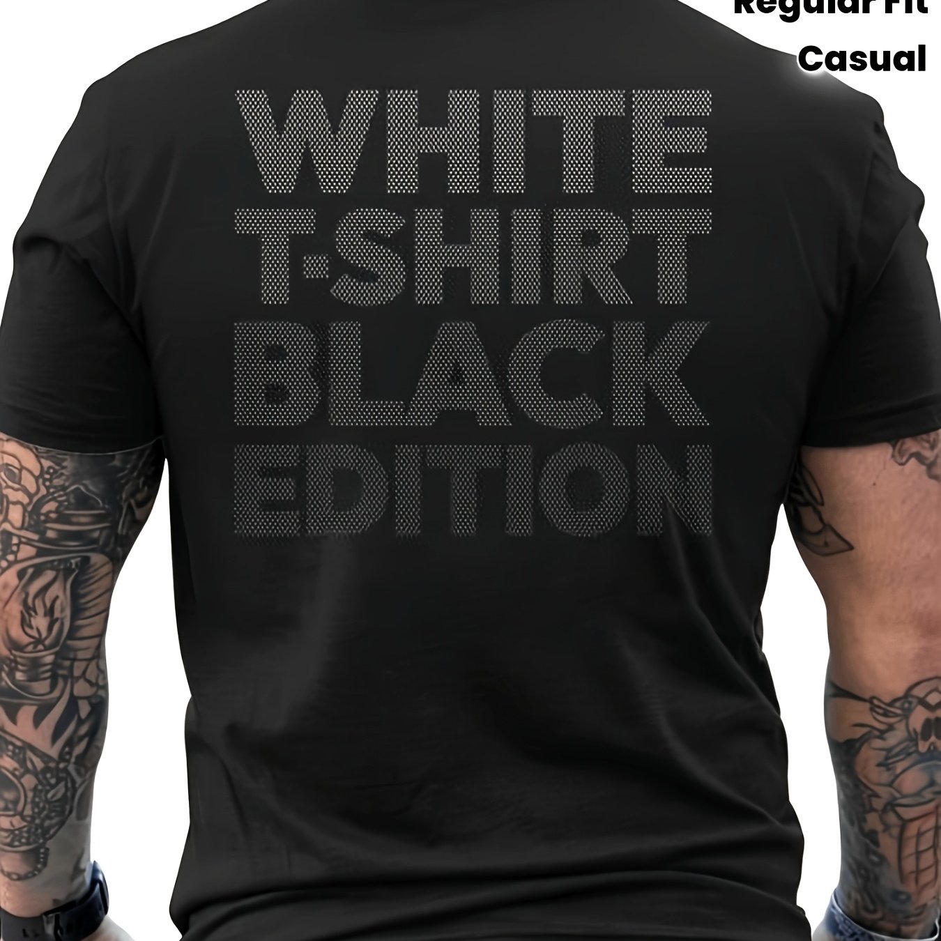 Image of Plus Size Men' T-shirt Black Edition Back Print, Casual Crew Neck, Regular Fit, Long Sleeve, Machine Washable, Versatile Black& White Shirt For Men, P, Plus Size