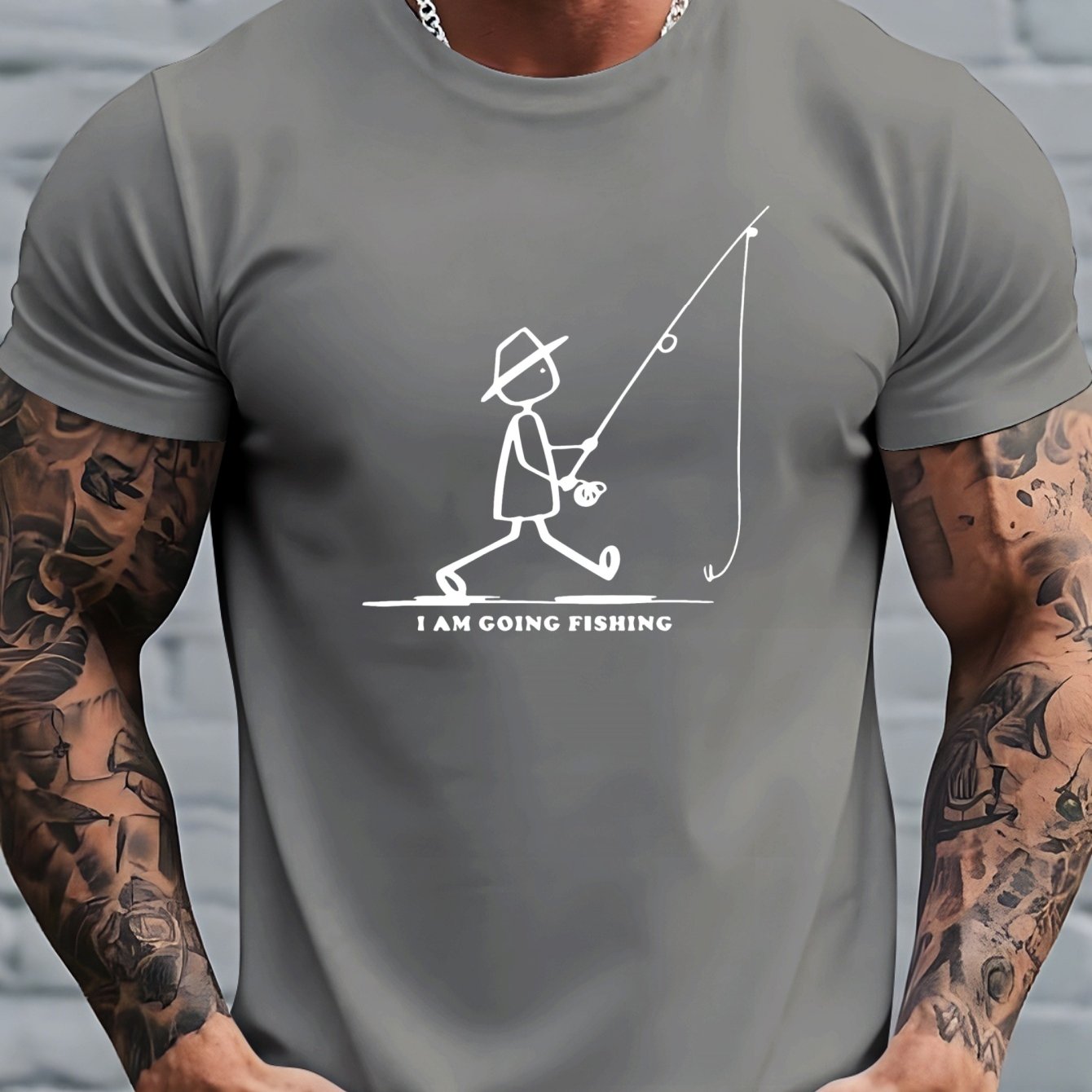 TEMU Men's " Fishing" Pattern Casual T-shirt - Summer Short Sleeve Round Neck Top With Rod Design, Lightweight Breathable Fabric Suitable For Outdoor
