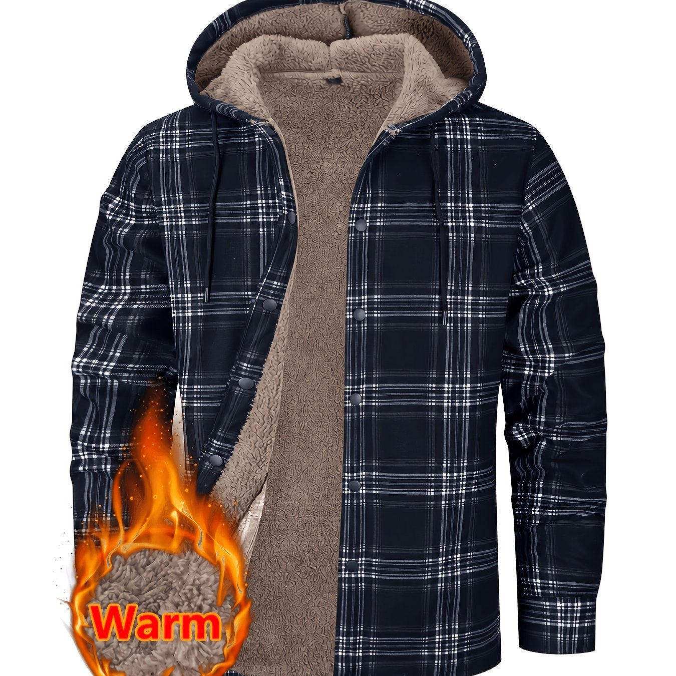 TEMU Men's American Outdoor Work Hooded Plaid Long Sleeve Shirt Jacket, Long Plush Thick Warm Button-front Drawstring Hooded Design, Suitable For