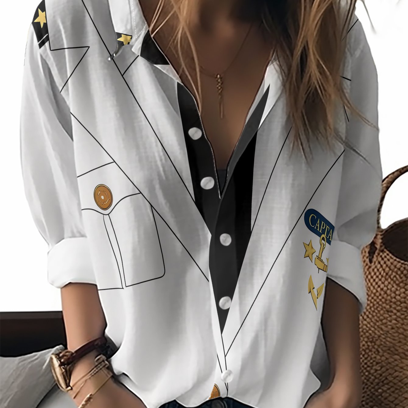 TEMU This New Women's Long-sleeve Shirt Features A White Military Style With A Black Tie, Shoulder Epaulets With Stars, And A '' Badge On Along With