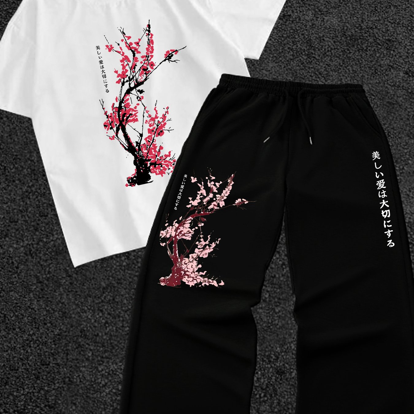 TEMU Men's Casual Sportswear Set S-2xl, Polyester Breathable Regular Shoulder T-shirt   Straight-leg Long Pants 2pcs Set, Plum Print , Loose And