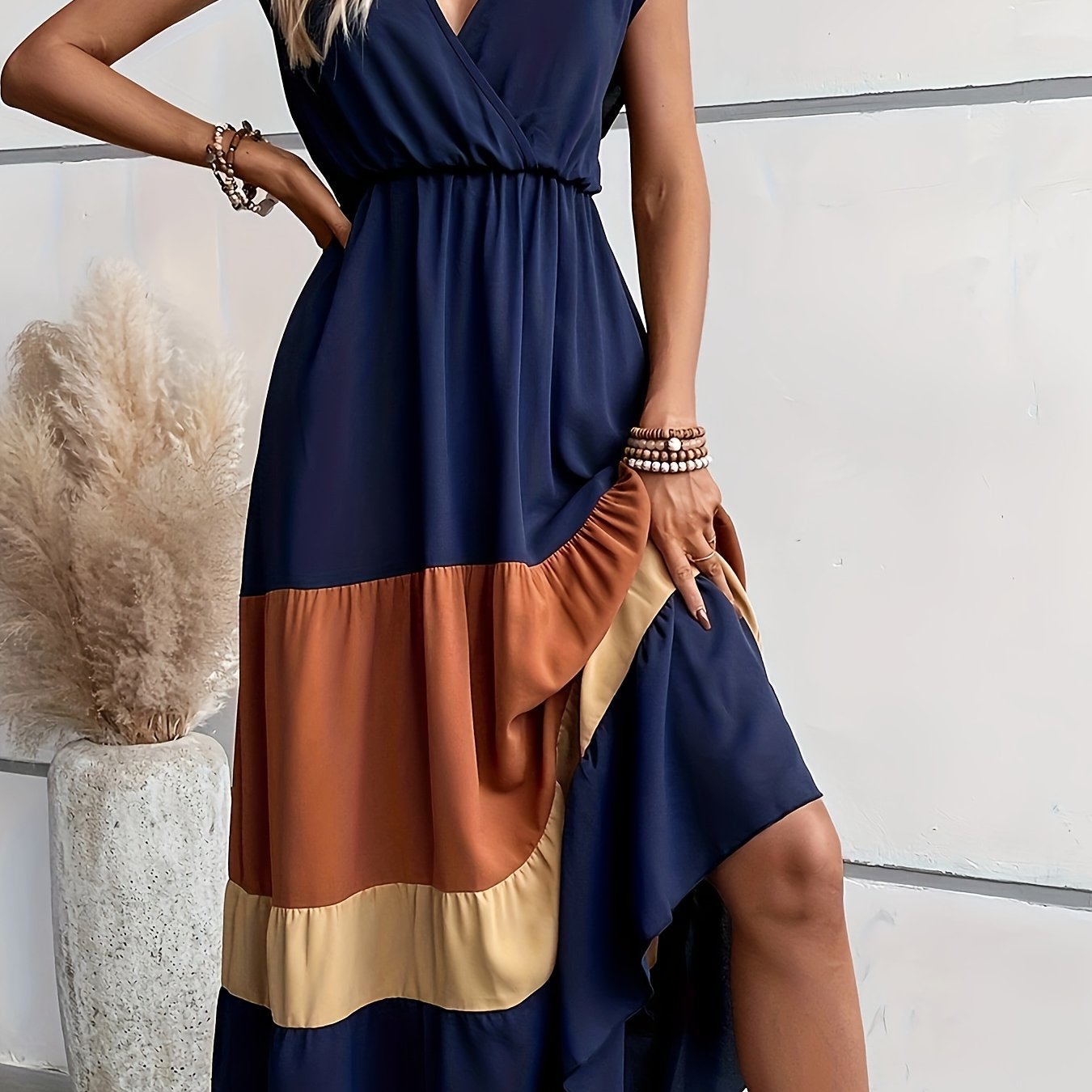 TEMU Vestido Elegante sin con Escote en V para Mujer - con Dobladillo de Azul y , Lavable a Máquina, Casual a Semi-Formal, Diseño Versátil, Construcción Estilosa, de Oficina