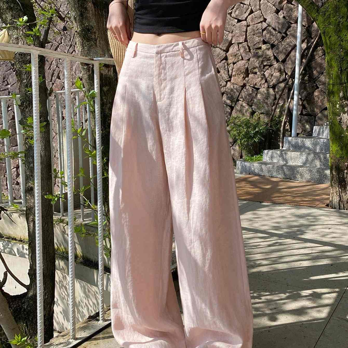 Image of Women's Lightweight Linen Wide Leg Pants, High Waisted Relaxed Flowy Casual Trousers For Summer, Soft Loose Drape Beach And Daily Wear