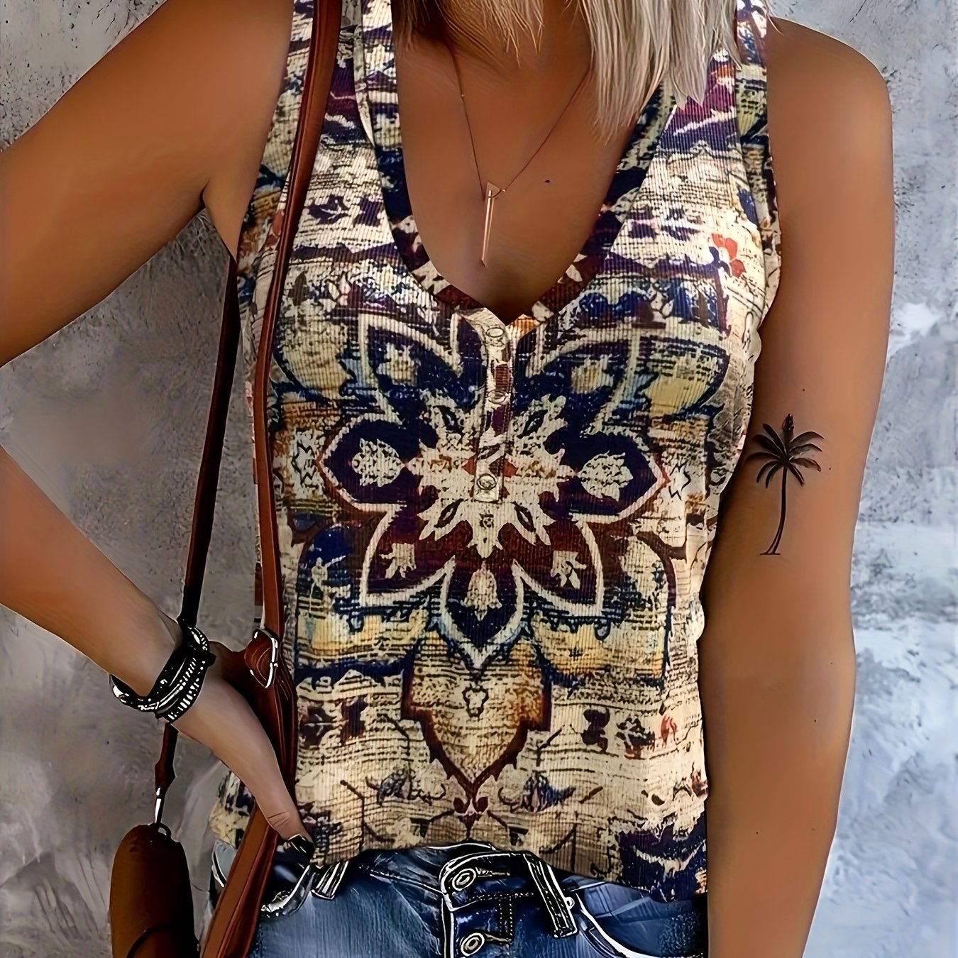 E-shop Ethnisches Blumenmuster Weste, Vintage Knopfleiste Sommer Ärmelloses Top, Damenbekleidung