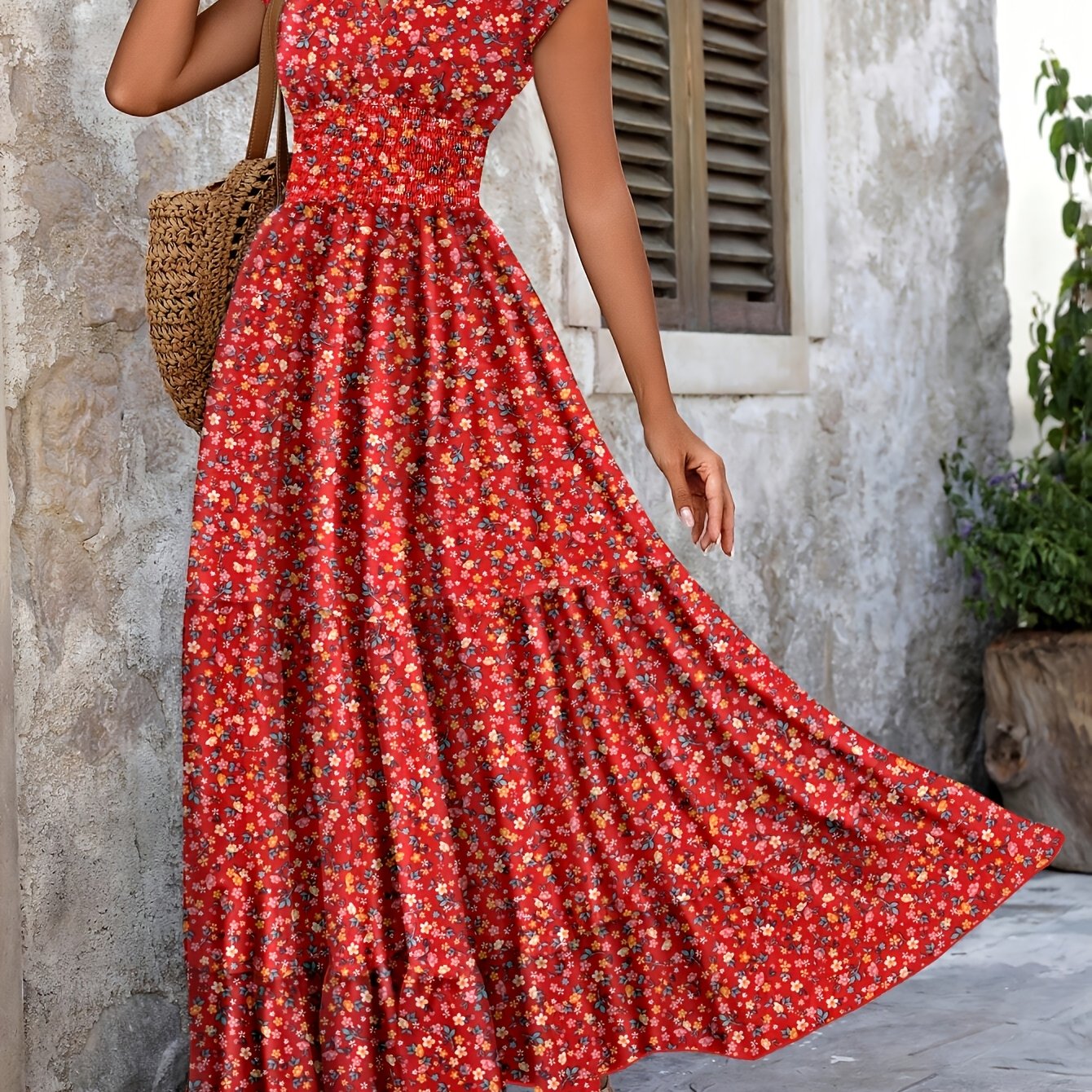 TEMU Spring/summer Collection Vacation Casual Wear, New European And Trend Women's Clothing, Small Floral Print Short Sleeve V-neck Maxi Dress