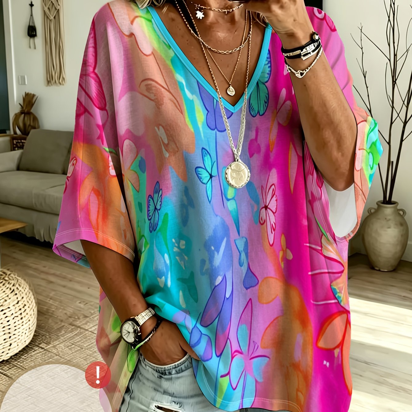TEMU Plus Size, Plus Size Women's Casual V-neck Three-quarter Sleeve Base Color With Colorful Smudge Print Top