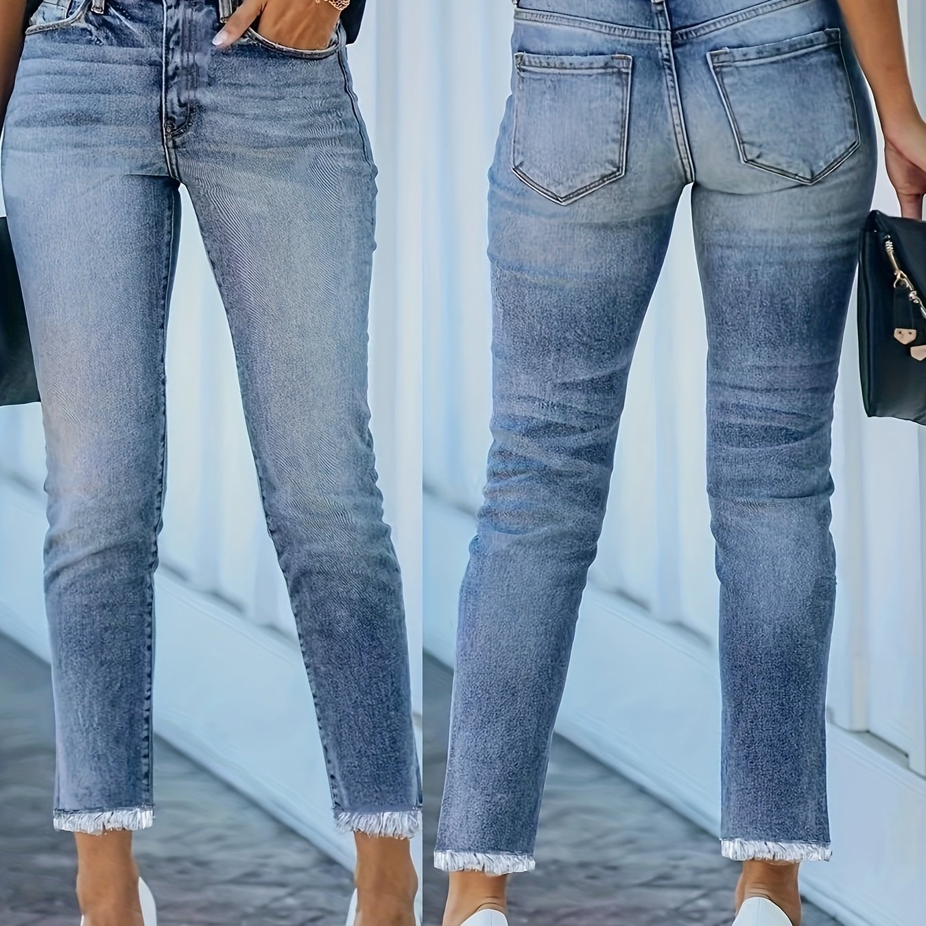 26aw Women's Stretch Vintage Versatile Casual Fashionable Elegant Mid-waist Pocket Machine Washable Durable Multi-functional Slim Fit Faded Ombre Fringe Cropped Jeans Street Style