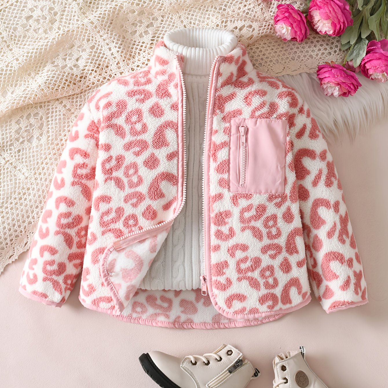 Image of 1pc Young Girl Fashion Casual Leopard Print Zipper Warm Fleece Jacket, Suitable For Autumn/winter Daily Wear, School, Outdoor Activities