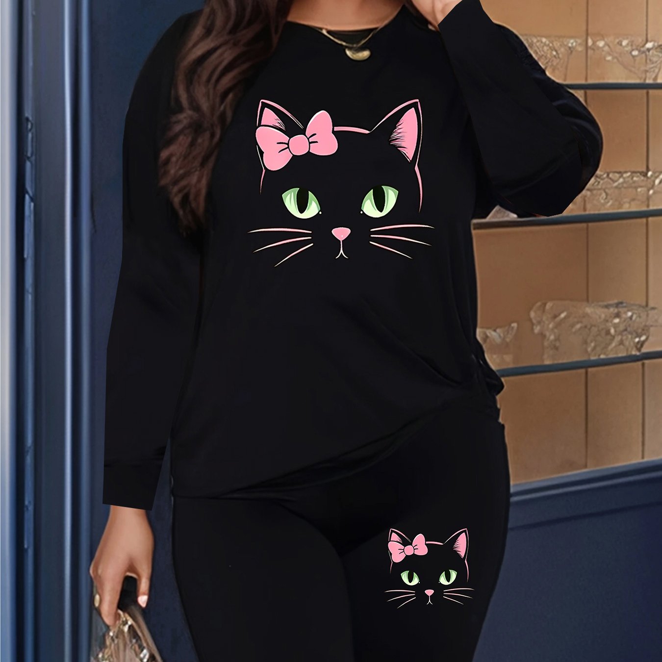 TEMU Plus Size - Plus Size - Plus Size Two-piece Set Casual Round Neck Long Sleeve Top And Pants Outfit For For All Season