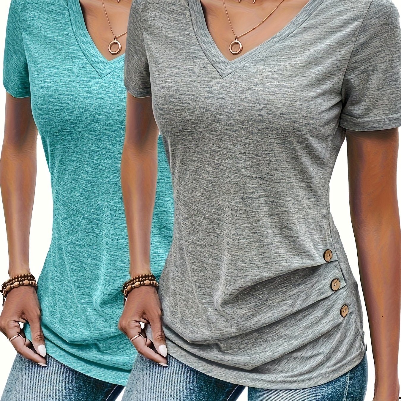 E-shop 2er-Pack Frühlings-Sommer Neue Unifarbenes Rüschenbund Knopfdesign V-Ausschnitt Kurzarm, lockeres Freizeit-Top Basis T-Shirt Bequem - Geeignet