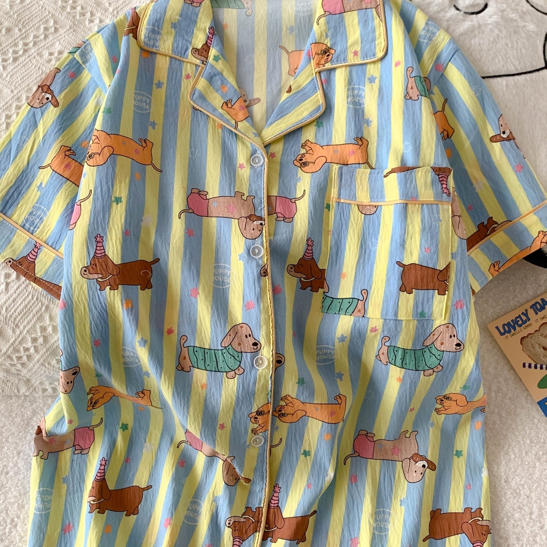TEMU Women' Pajama Set, Spring Summer Hot, Contrast Stripe Cartoon & Letter Print, Lapel Design, Comfortable Casual Loungewear Worn Outside