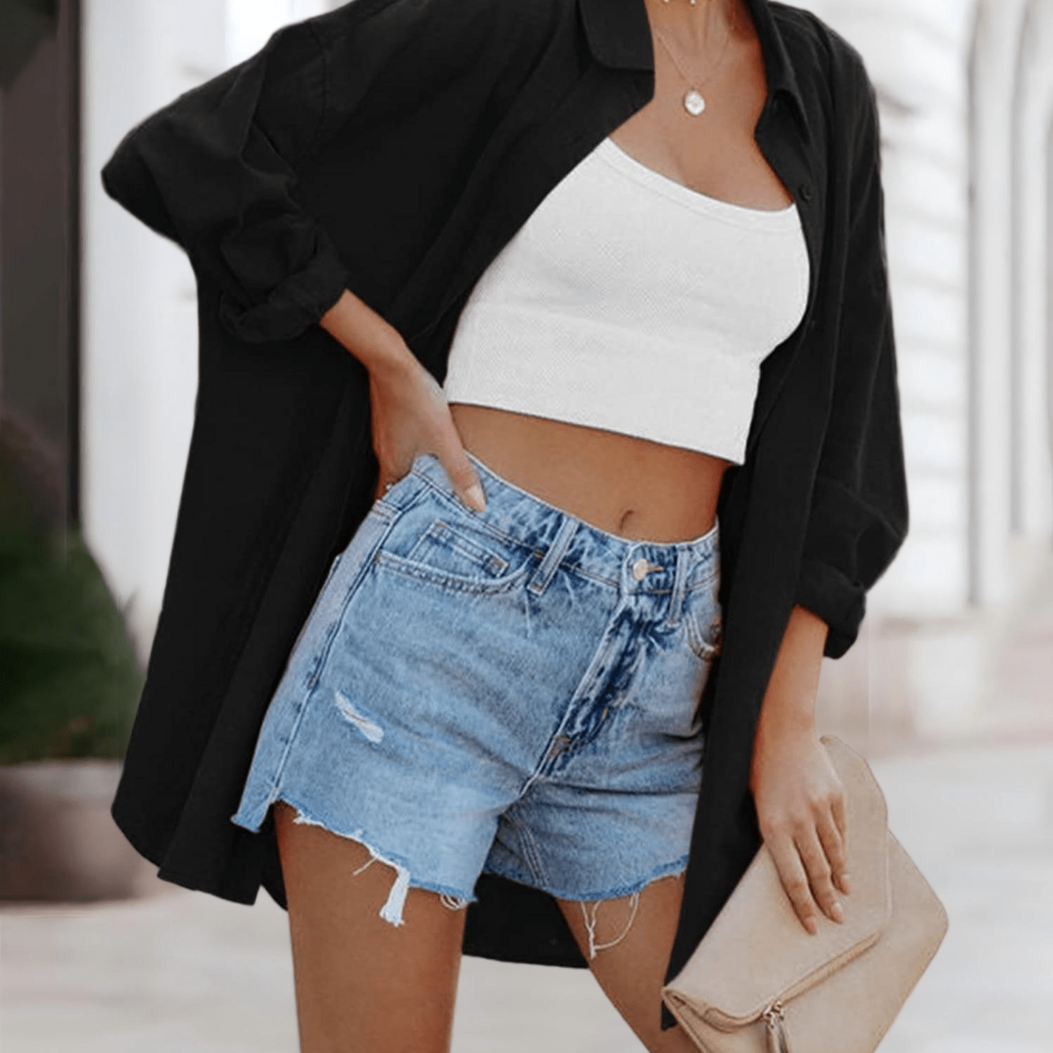 Women' Oversized Button- Shirt Casual Loose Long Sleeve Lapel Blouse With Pockets