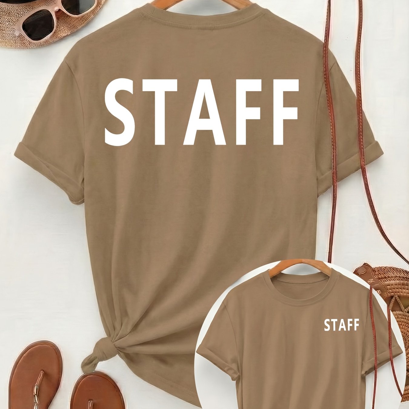 TEMU [double-sided Printing] Large "staff" Lettering On The Back, Small "staff" Text On The Cuffs. Women's Spring/summer Style, Suitable For Daily
