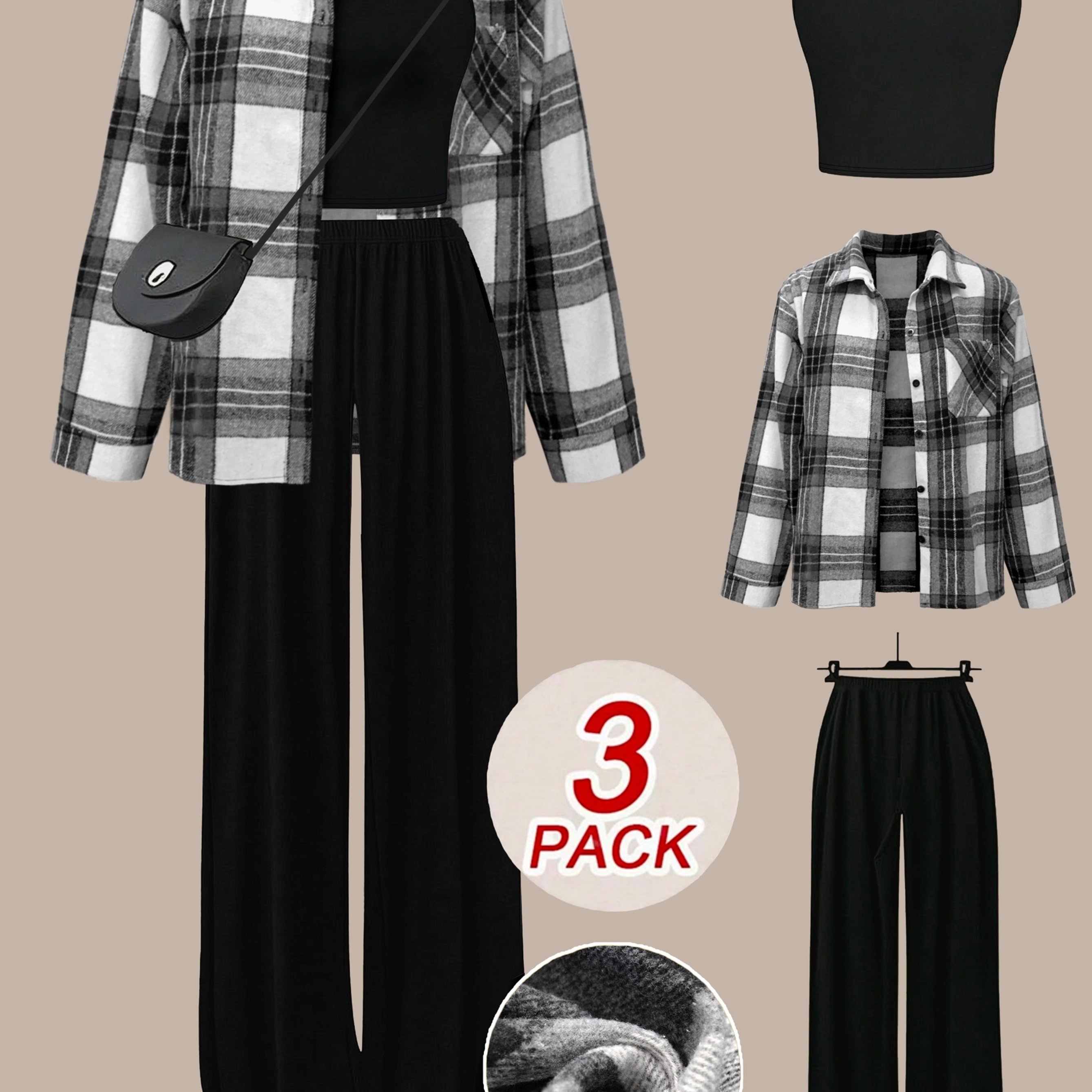 Image of A 3pcs Set Of Women's Fashionable Checked Shirt Top With A Halter Top And Loose Casual Trousers