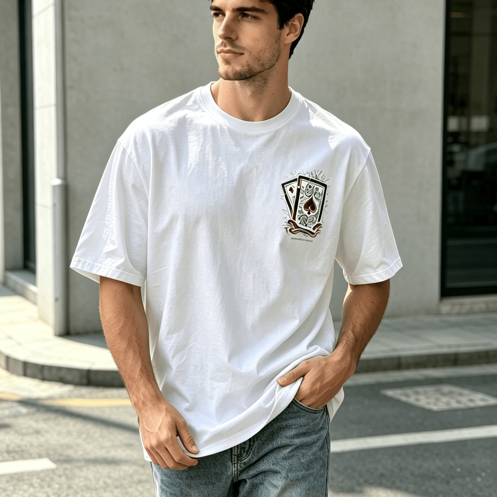 TEMU Camiseta de hombre, estilo desgastado con estampado de as de espadas en negro, top de manga corta para el verano, y transpirable, corte holgado,