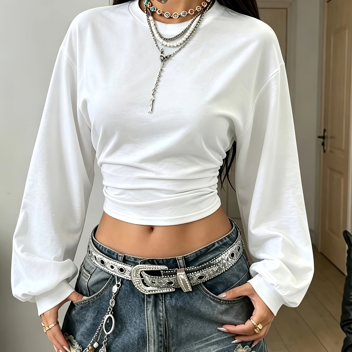 TEMU Women's Back-to- Season Basic Solid Color Pleated Asymmetrical Collar Long Sleeve Pullover Top, Autumn/winter Casual Versatile Style,, Leisure,