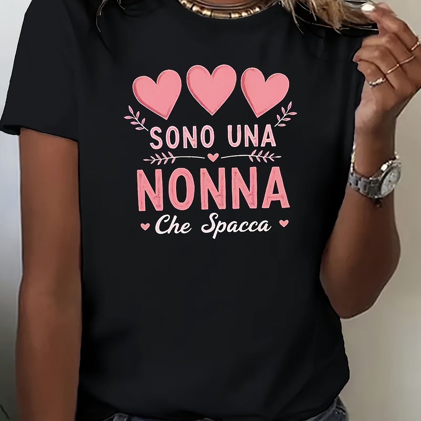 TEMU Women's Crew Neck Short Sleeve T-shirt With " Una Nonna Che " Italian Print, Casual Streetwear, Holiday Gift, Outfit For Friend Gatherings And