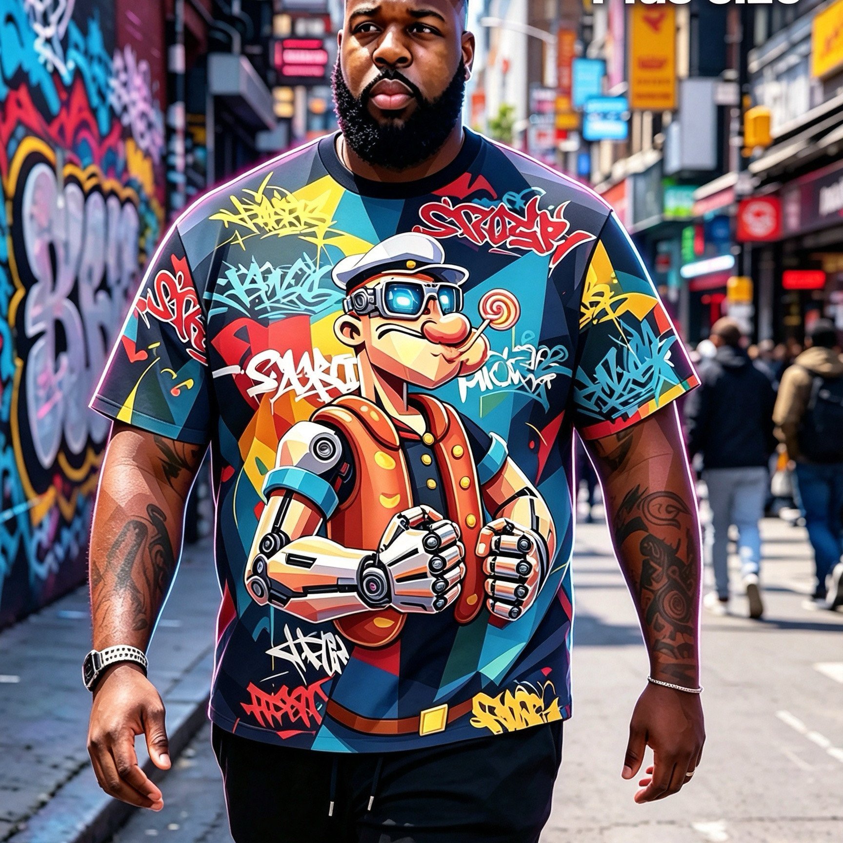 TEMU Plus Size Men's Short Sleeve T-shirt, Sizes 2xl-9xl, Mecha Street Graffiti Color-block Pattern, Loose Round Neck Top, Slight Stretch Breathable