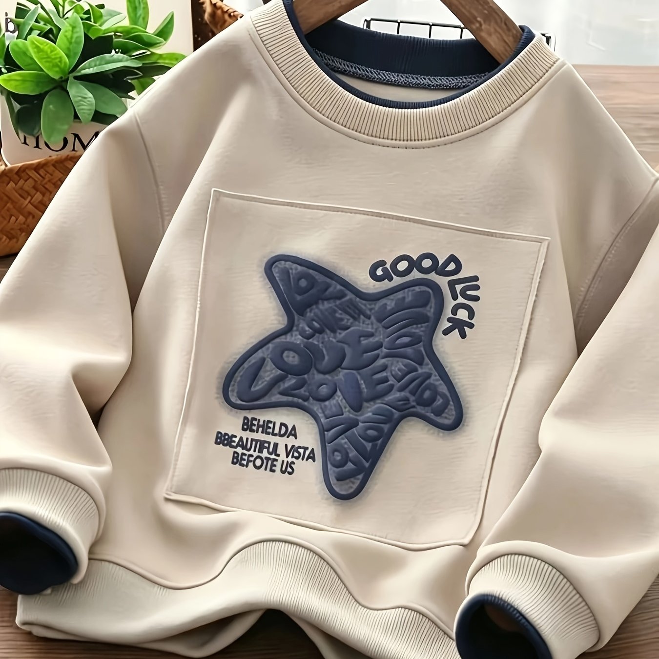 Image of Boys' Trendy Round Neck Sweatshirt With Two-piece Design, Detail, Fashionable Print, Good-looking Regular