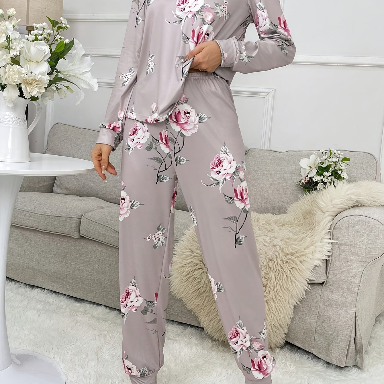 TEMU 2026 Winter Women's Warm 2pcs Pajama Set, Ditsy Floral Print Crew Neck Long Sleeve T-shirt, Fashion Soft Allover Floral Lounge Long Pants,