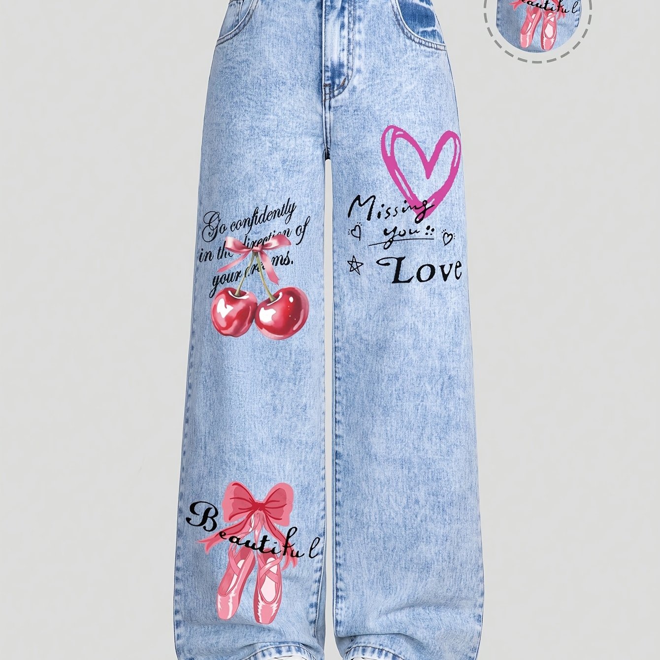 Image of Girls' Y2k Style Vintage Acid Wash Denim, Graffiti Print (letters/cherries/hearts/ballet Shoes) | Street Art Pattern | Casual All-match Trendy Item