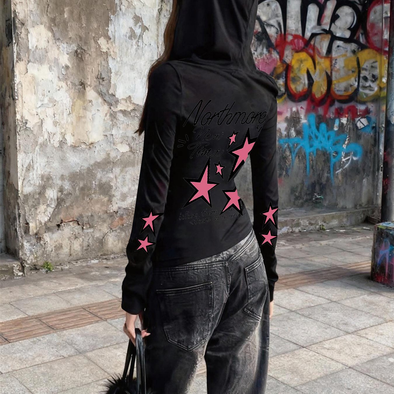 TEMU Spring New Gothic Style Velvet Fabric Top, Soft Texture Hoodie, Long Sleeve Hooded T-shirt