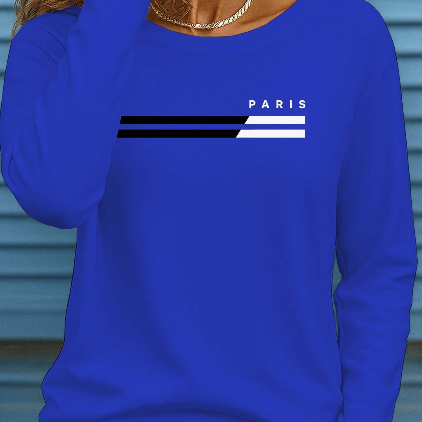 TEMU Women's Sporty Casual Long Sleeve Crew Neck T-shirt, Paris Stripe Print T-shirt, And White Striped Text Pattern Long Sleeve 1036_2