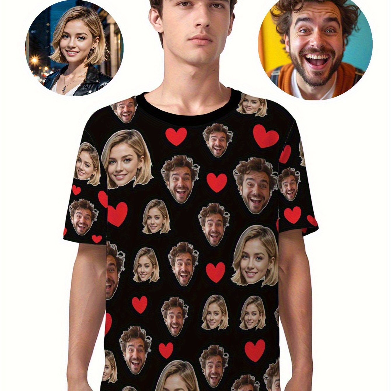 TEMU Custom Photo T-shirts For Men And Women - Personalized Face And Heart Print, Breathable Lightweight Summer Tee, Casual Crew Neck Top, Matching