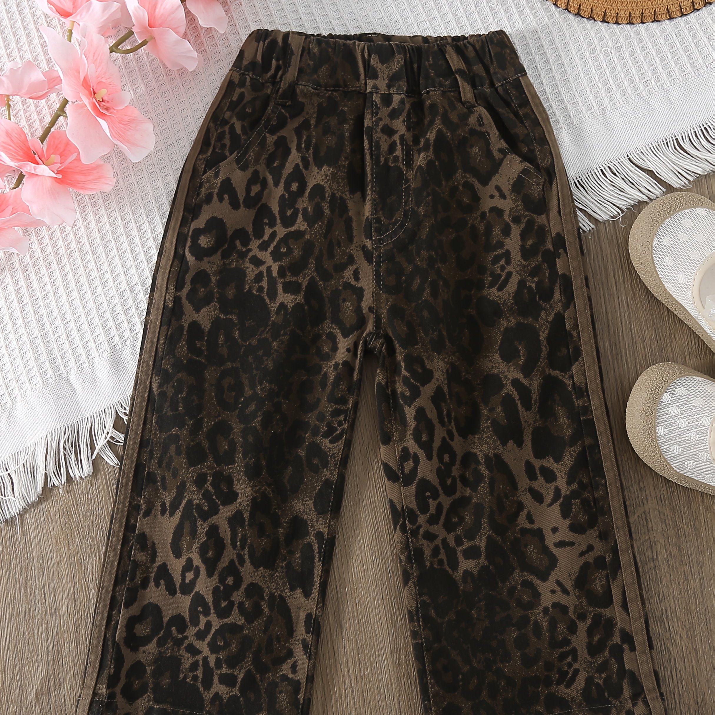 Image of Leopard Print Wide-leg Pants For Girls - Spring/fall Casual Party Wear, Elastic Waist, Long Length, Loose Fit, No Belt - Fashion, For Outdoor