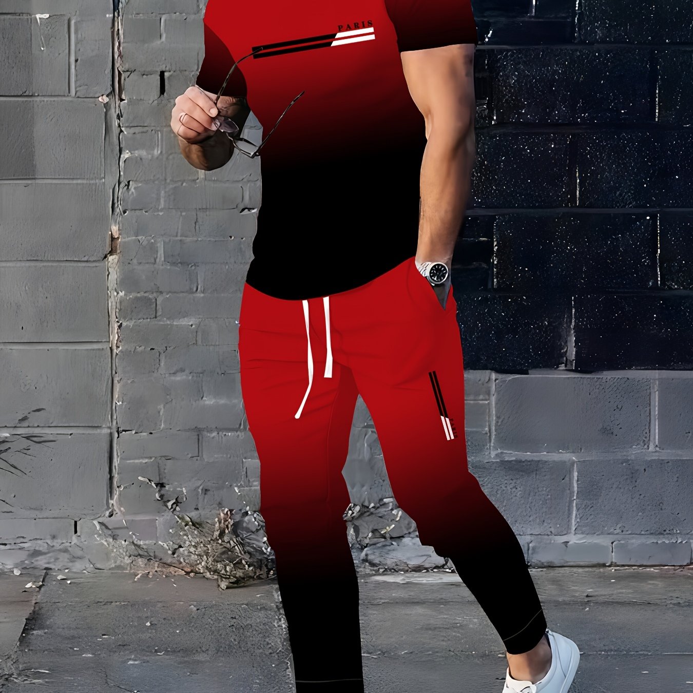 E-shop Herren Sportanzug | Elegantes Freizeit-Rundhals | Leicht dehnbarer Strick mit 3D-Druck | Regular Fit 2-teiliges Set | Kurzarm-T-Shirt mit Muster