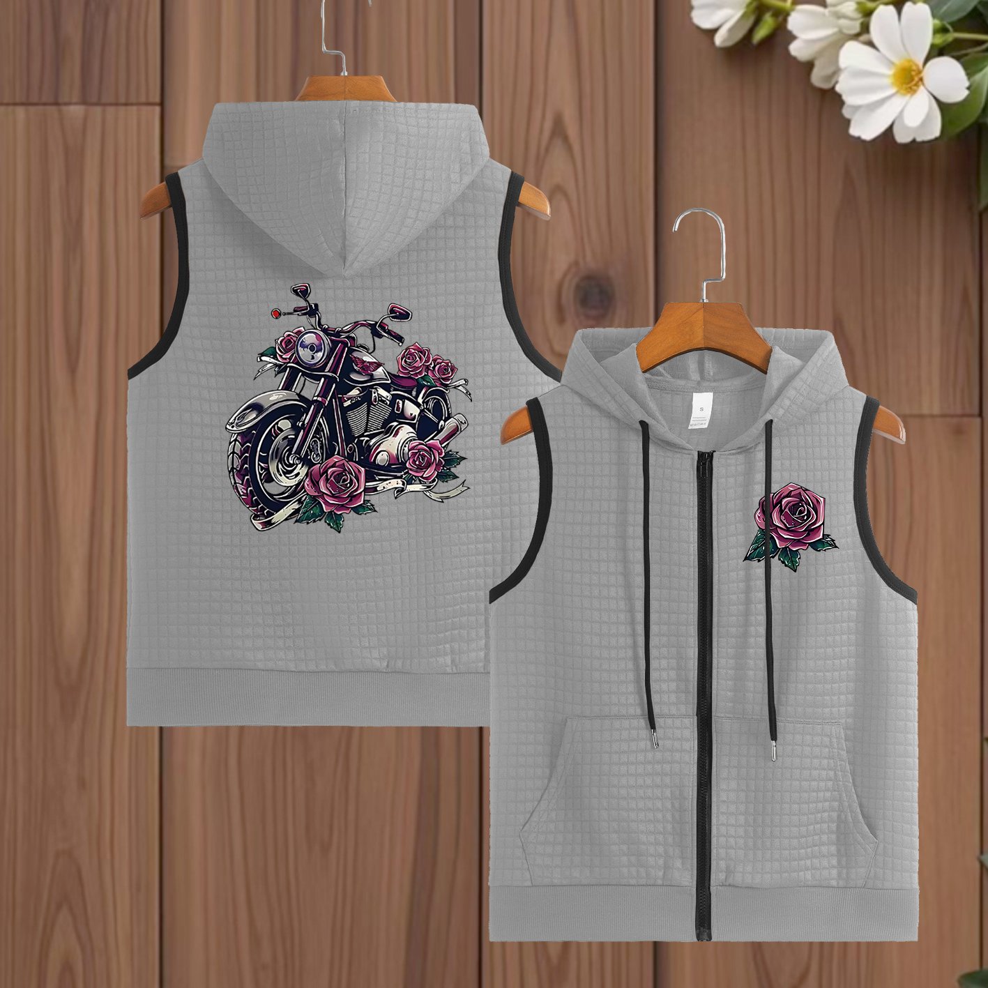 TEMU A Women's Vest Featuring A Motorcycle Print And Zipper, Made Of, With Pockets
