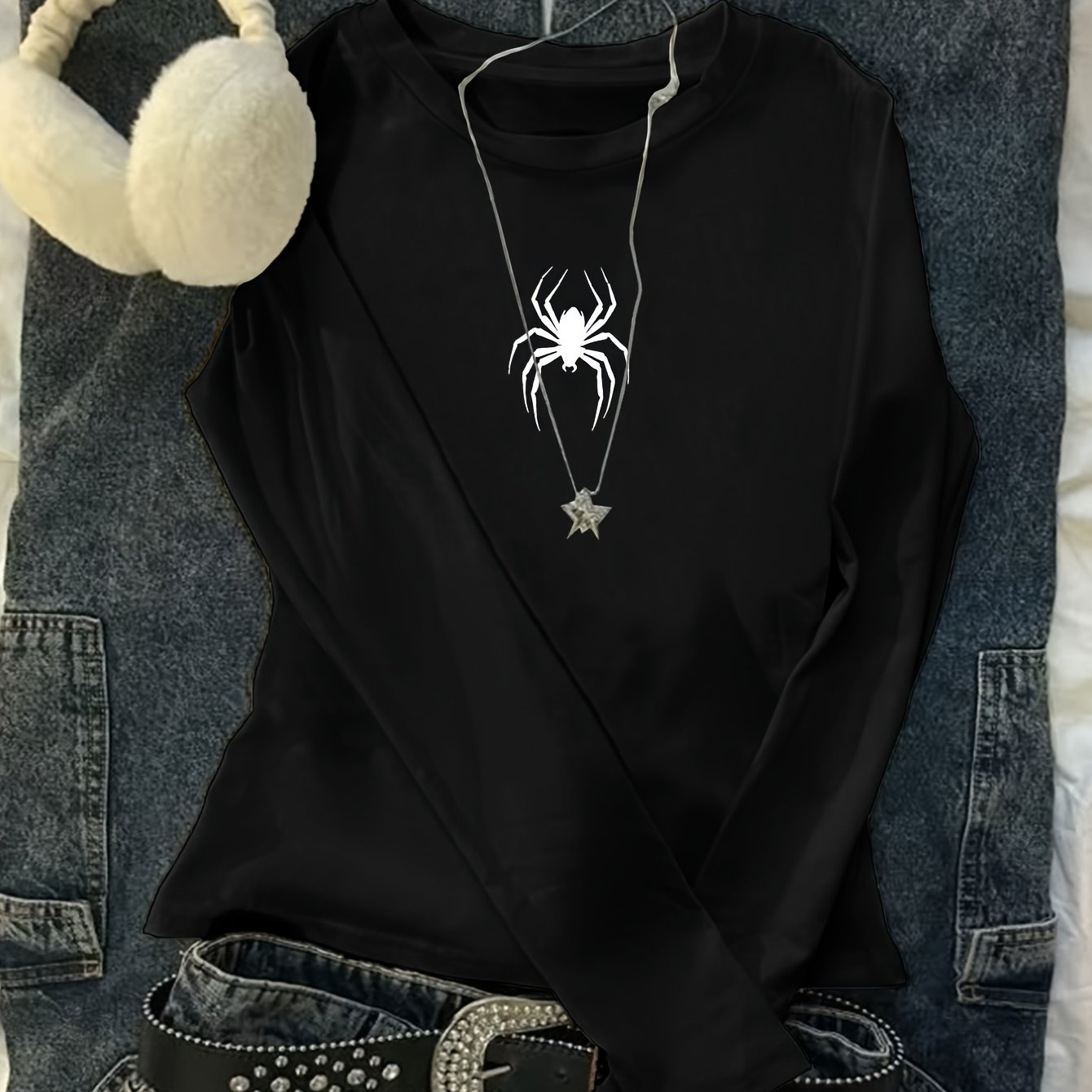 TEMU 2089 - Women's Fitted Bodycon Top, Fashionable Spider Pattern Print, Autumn/winter Slim Neck Long Sleeve T-shirt, Women's Clothing, /no Bottom -