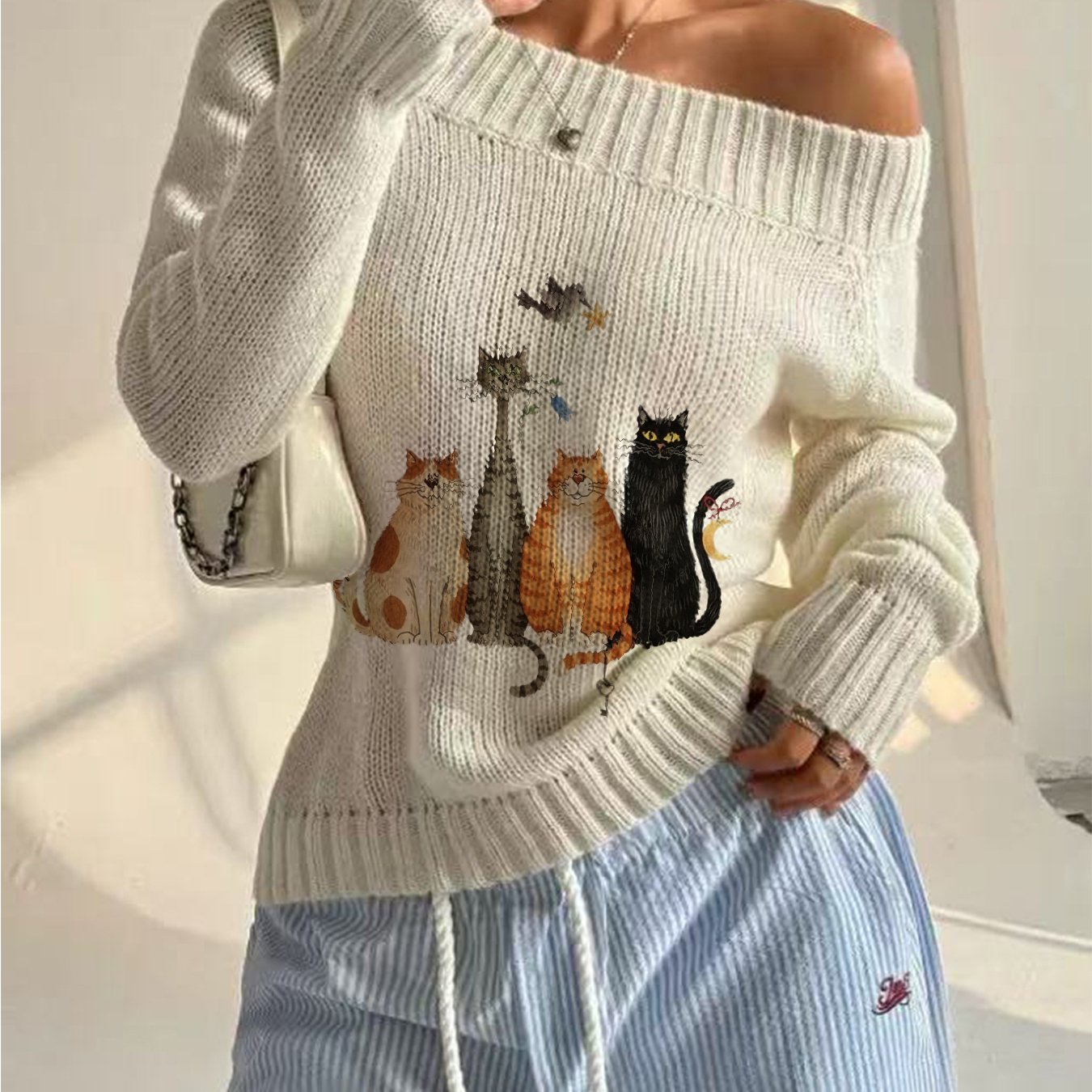 TEMU Lazy Style Cat Print Off-shoulder Top, One-shoulder Loose Sweater For Women