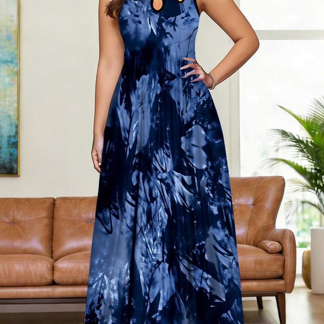 Image of Plus Size, Women's Dress, Women's Plus Size Dress, Tie Dye Style Pattern, Elegant Full Body Print, Women's Fashion Trend, Beach Vacation , Sleeveless Chest Hole Vest Dress