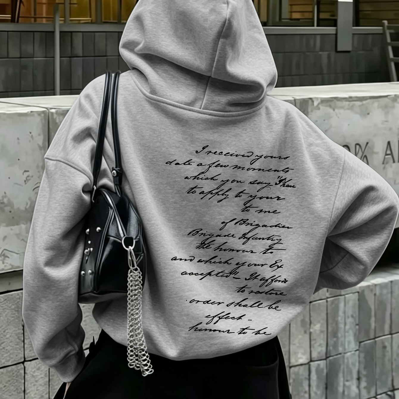 Image of Autumn/ Street Women's Hooded Sweatshirt, Vintage Cursive English Print, Trendy Brand Fashionable Versatile Daily Casual Sweatshirt, Loose Oversized -lined Warm Hoodie Jacket, Women's Clothing