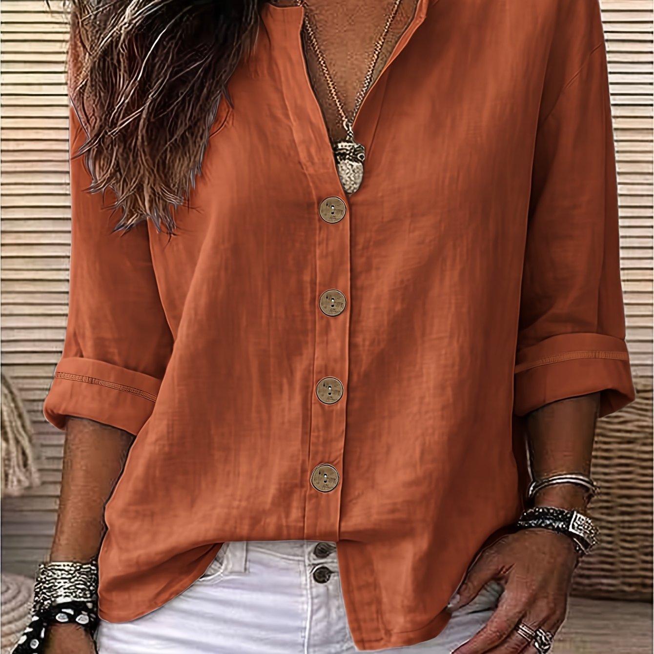 TEMU Plus Size, Women's /autumn Loose-fit Three-quarter Sleeve Commuter Shirt